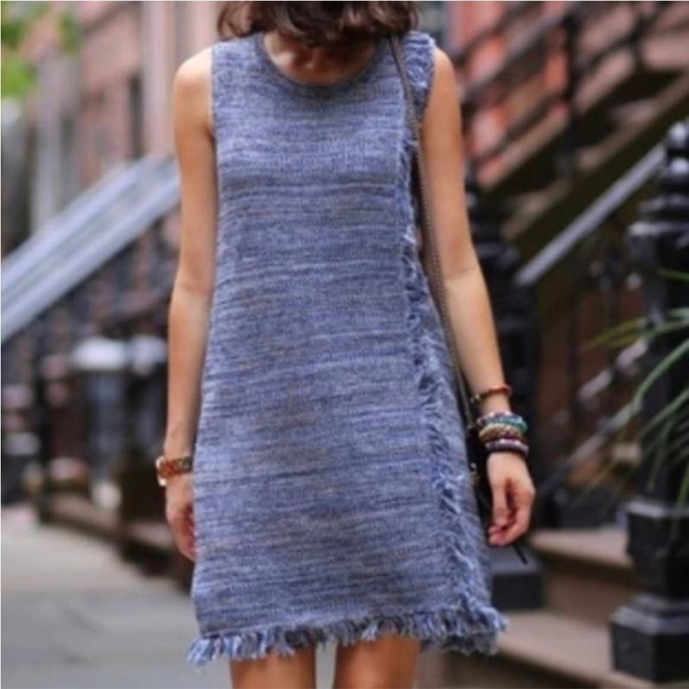 Anthropologie Holding Horses Blue Knit Fringe Shift Dress Size XS